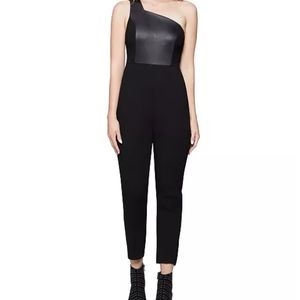BCBG black faux leather one shoulder jumpsuit